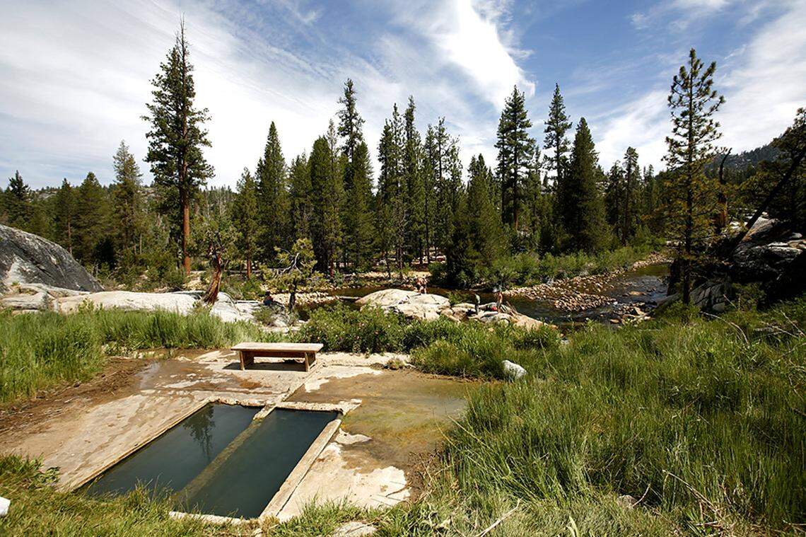 Located in the Sierra National Forest about 90 miles northeast of Fresno along Kaiser Pass Road, Mono Hot Springs was first inhabited by Native Americans and sat along a major trading route. The South Fork San Joaquin River is in the background.
